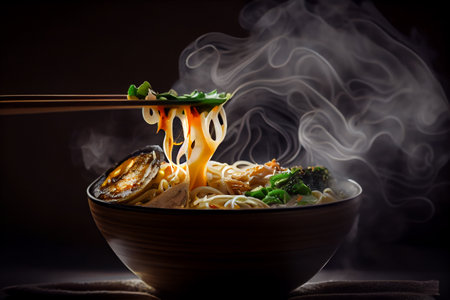 Hot Ramen in bowl with noodles and Miso. Hot steam on dark background. generative Ai,の素材