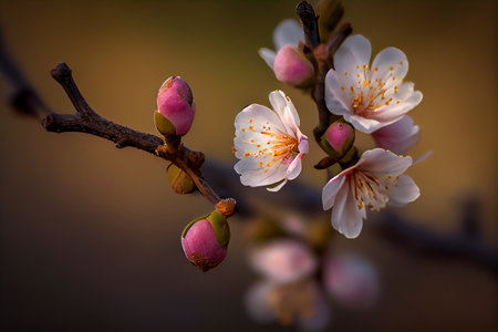 Pink cherry blossom. Spring flowers on branch. Close up view with blur in background. Generative Aiの素材