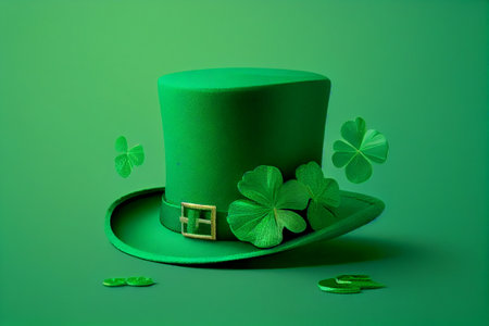 Cylinder hat and Four-leaf green clover for good luck on St. Patrick's Day, green background. Copy space. Generative Aiの素材