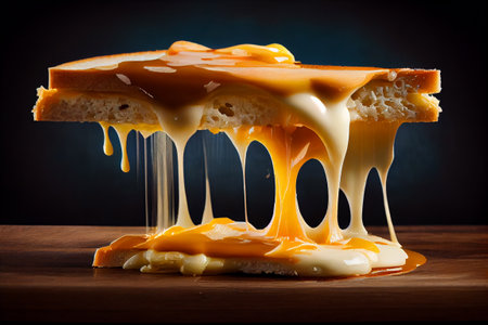 Hot sandwitch with melted cheese on wooden board. Generative AIの素材