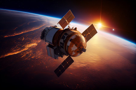 Satellite placed into orbit in outer space flying above Earth planet. Generative Aiの素材