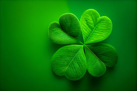 Four-leaf green clover for good luck on St. Patrick's Day, bright green background. Copy space. Generative Aiの素材