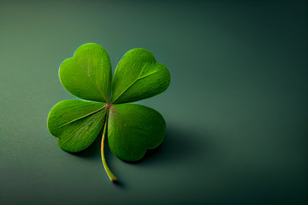 Four-leaf green clover for good luck on St. Patrick's Day, bright green background. Copy space. Generative Aiの素材