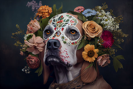 Dog with sugar skull painted face for Day of Dead, Dia de los Muertos festive background, Generative AIの素材