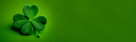 Four-leaf green clover for good luck on St. Patrick's Day, bright green background. Copy space. Generative Aiの素材