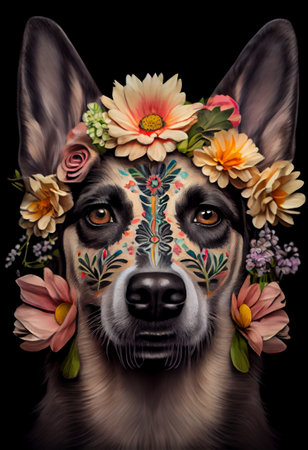 Dog with sugar skull painted face for Day of Dead, Dia de los Muertos festive background, Generative AIの素材