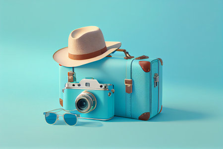 Tavel and vacation trip background with suitcase and summer hat. Copy space. Generative Aiの素材