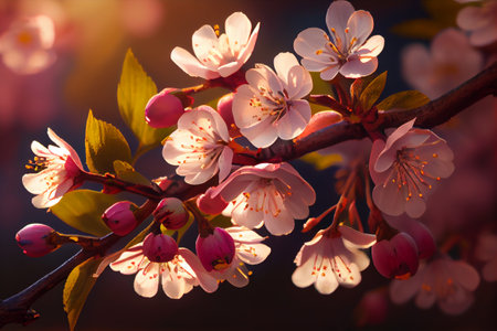 Pink cherry blossom. Spring flowers on branch. Close up view with blur in background. Generative Aiの素材