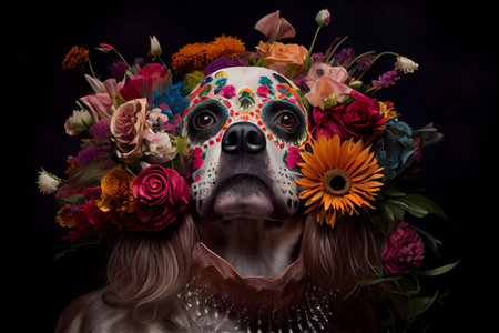Dog with sugar skull painted face for Day of Dead, Dia de los Muertos festive background, Generative AIの素材