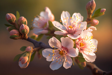 Spring blossom, pink buds and flowers on tree branch. Close Up View. generative Aiの素材