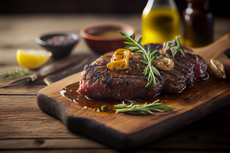 Beef steak meat with herbs and spices on wooden table. Generative AIの素材