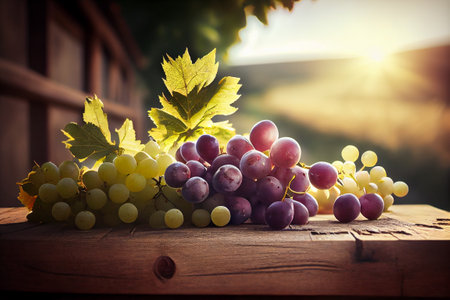 Fresh red grapes with leaves on wooden board at sunny day in vineyar. Generative AIの素材