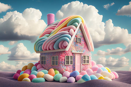 Fantasy home made of sweet candy, colorful dreamy house and landscape. Generative AIの素材