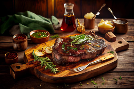 Grilled beef steak meat with fresh herbs and spices. generative aiの素材