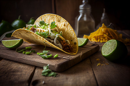 Mexican taco with lime and herbs on wooden board. Street food, traditional food. generative AIの素材
