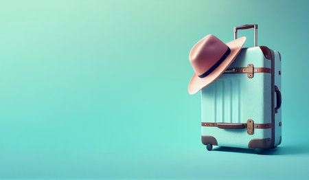 Tavel and vacation trip background with suitcase and summer hat. Copy space. Generative Aiの素材