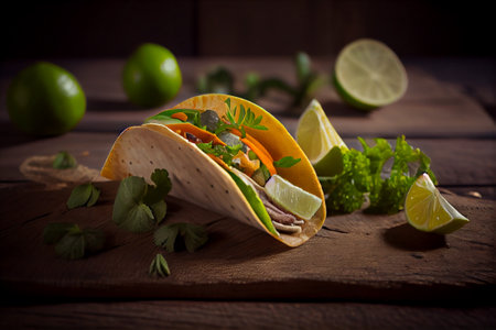 Mexican taco with lime and herbs on wooden board. Street food, traditional food. generative AIの素材