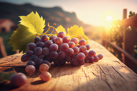 Fresh red grapes with leaves on wooden board at sunny day in vineyar. Generative AIの素材