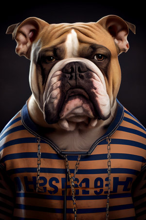 Mugshot of wanted dog in prison, bulldog in jail clothes, Generative AI.の素材