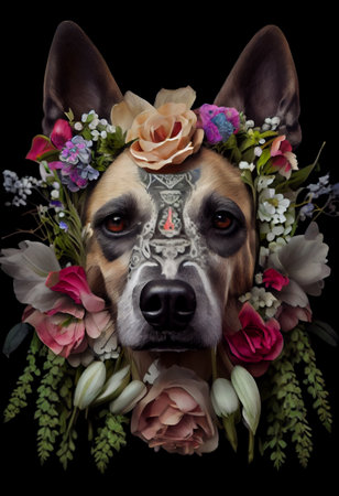 Dead of dead sugar skull creative art with dog face painted and flowers. Generative Aiの素材