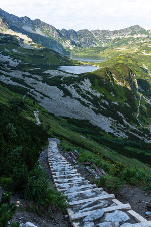 Alpine hiking trail in Tatra Mountains, Poland at summer.の写真素材