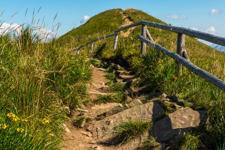 Trekking trial trough wilderness and scenic nature at summer in Bieszczady Mountains, Carpathians, Poland.の写真素材