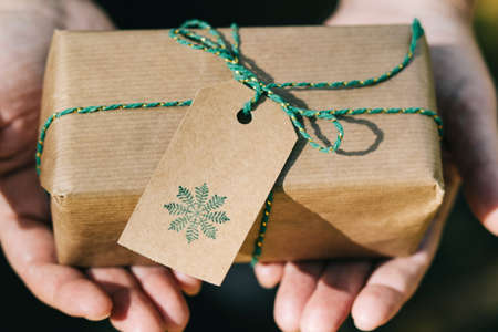 Hands delivering a Christmas gift wrapped in recycled paper with nature's blur. Ecological and handmade gift concept.の写真素材