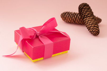 Pink gift with pink ribbon and pinecones out of focus. Gift love. Christmas time.の写真素材