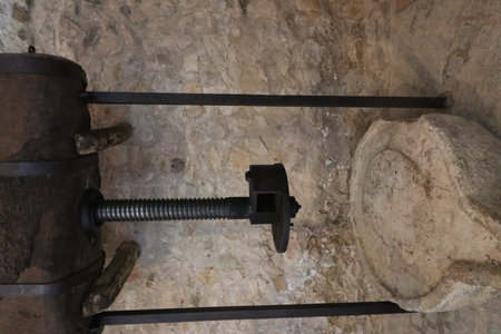 Oil press at the MolÃ­ de l'Oli museum in Cervera del Maestre, Valencia, Spainの写真素材