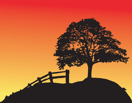 Lonely tree at sunset. Vector illustrationのイラスト素材