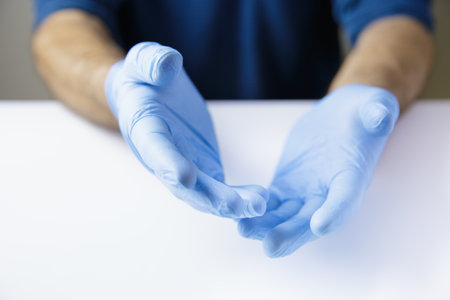 Expressive together hands of doctor or nurse wearing latex gloves on white office table. Place...