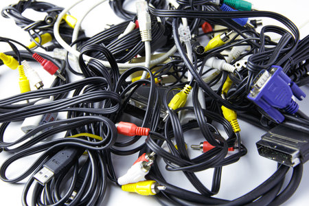 A bunch of wires and cords are tangled together. Concept of chaos and disorganization