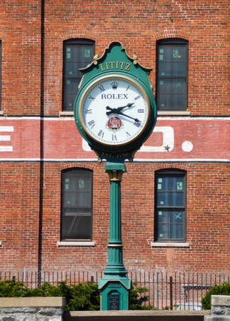 View of the historic clock in Lititz, Pennsylvania.  Taken April 13th, 2019 around 2:15 pm