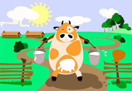 illustration: milk-cow is bringing two heavy pail full of milk.のイラスト素材