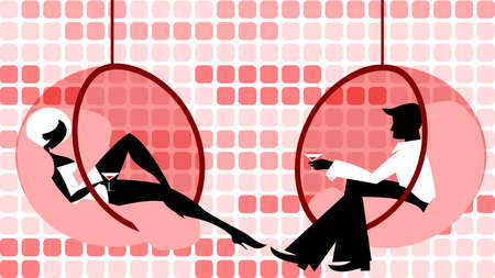 Vector illustration of red retro theme: man and woman are flirting relaxing with cocktails in glass suspended chairs.のイラスト素材