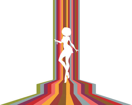 illustration: white silhouette of sexy dancing girl over stripy retro background.のイラスト素材