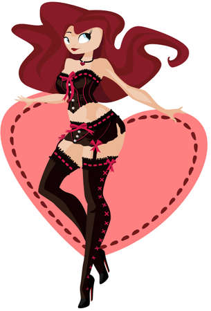 illustration: redhead girl in sexy lingerie stands in front of stylized heart.のイラスト素材