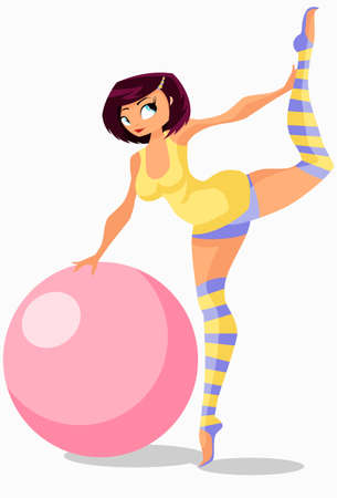 Vector illustration:girl in gym suit stands on one leg and leans on gymnastic ball.のイラスト素材