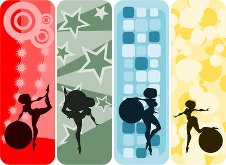 Vector illustration:set of vertical banners with girls and gymnastic balls silhouettes against abstract backgrounds.のイラスト素材