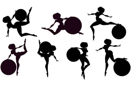 Vector illustration:set of  girls with gymnastic balls silhouettes.のイラスト素材
