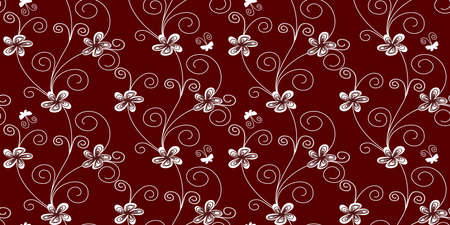 Vector seamless pattern: flowers, swirls and butterflies over red background.のイラスト素材