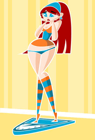 young woman standing on the scales disappointed by her own weight .のイラスト素材