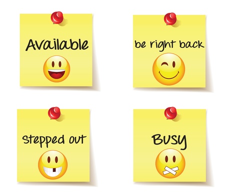yellow stick note with status messages on white backgroundの写真素材