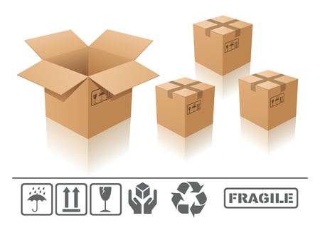 open and closed Cardboard box with fragile sign on white backgroundのイラスト素材