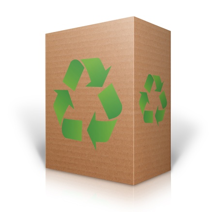 Recycle sign on a 3D Cardboard box isolated on white backgroundの写真素材