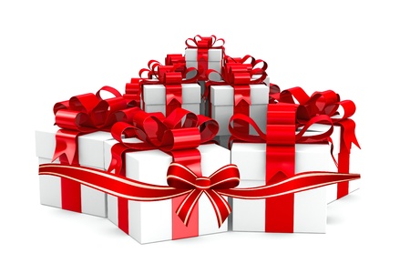 many gift box with a red silk ribbon panorama isolated on white backgroundの写真素材