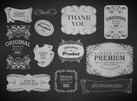 label, typography, calligraphic design elements, page decoration and labels of drawing with chalk on blackboardのイラスト素材