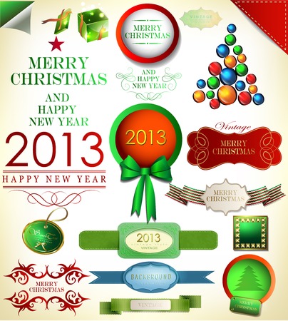 Christmas decoration collection/Christmas tree, calligraphic and typographic design elements, frames, labels. ribbons, stickersのイラスト素材