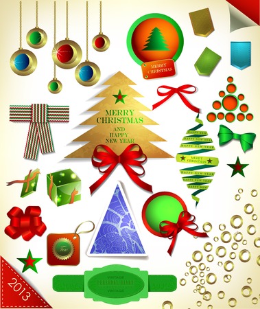 Christmas decoration collection/Christmas tree, calligraphic and typographic design elements, frames, labels. ribbons, stickersのイラスト素材