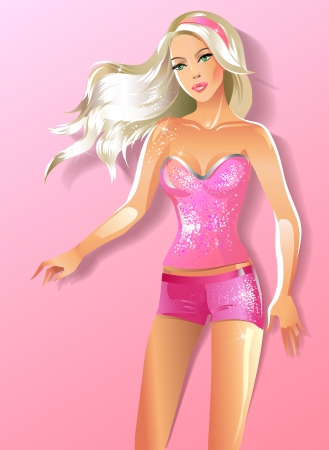 Fashion beautiful blonde woman in a pink dress, with abstract pink background for your textのイラスト素材